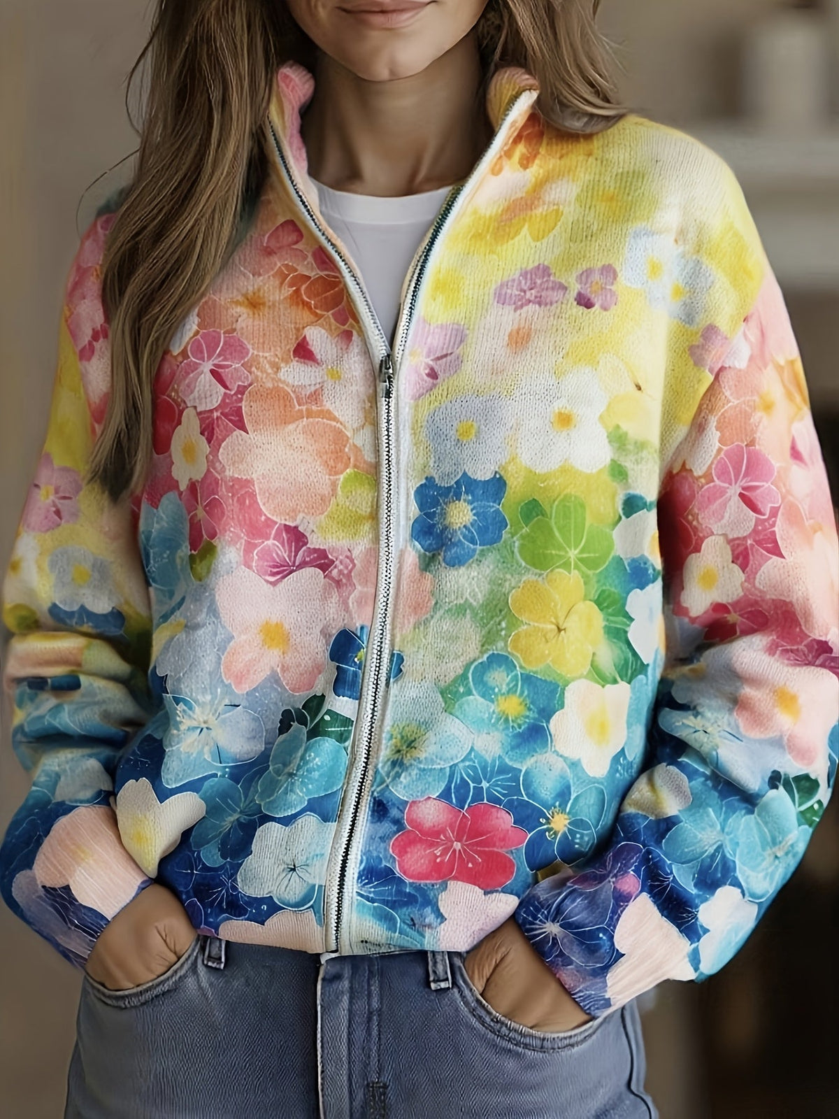 Inés | Cárdigan de punto con estampado floral en acuarela